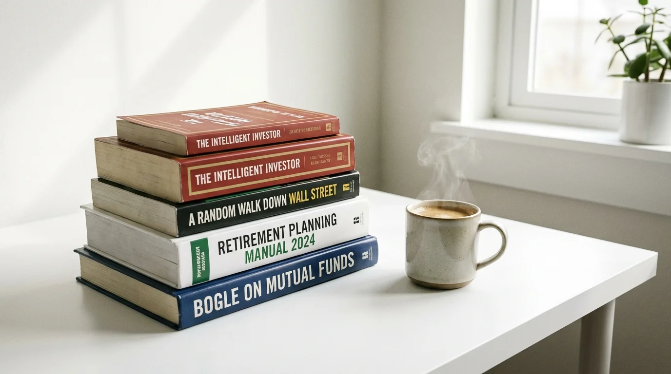 Stack of financial books and a coffee cup, representing resources for learning.
