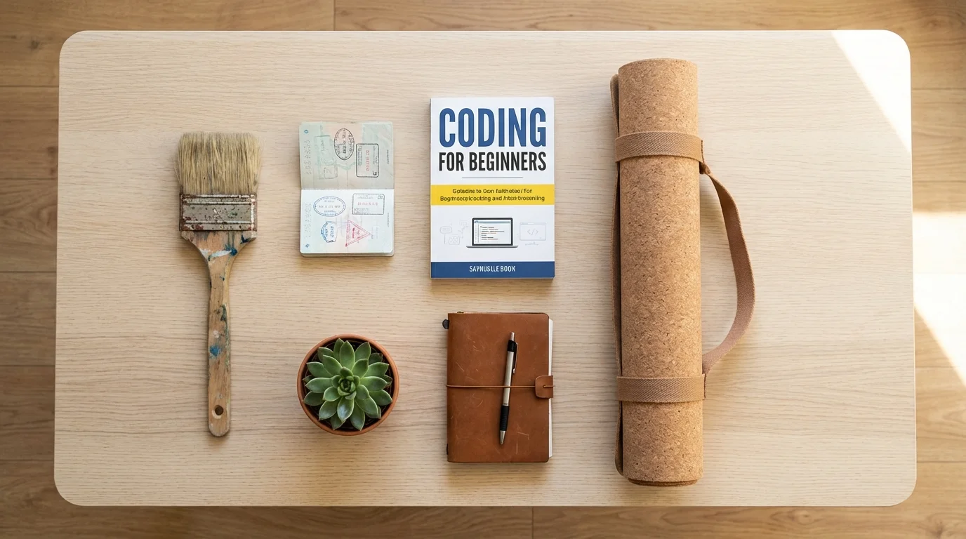 Flat lay of diverse items representing new hobbies and interests for self-reinvention.