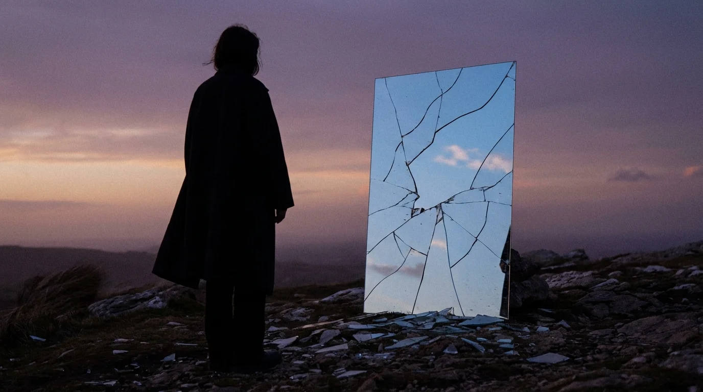Person looking at a fractured mirror reflecting a clear sky, symbolizing emotional wounds.