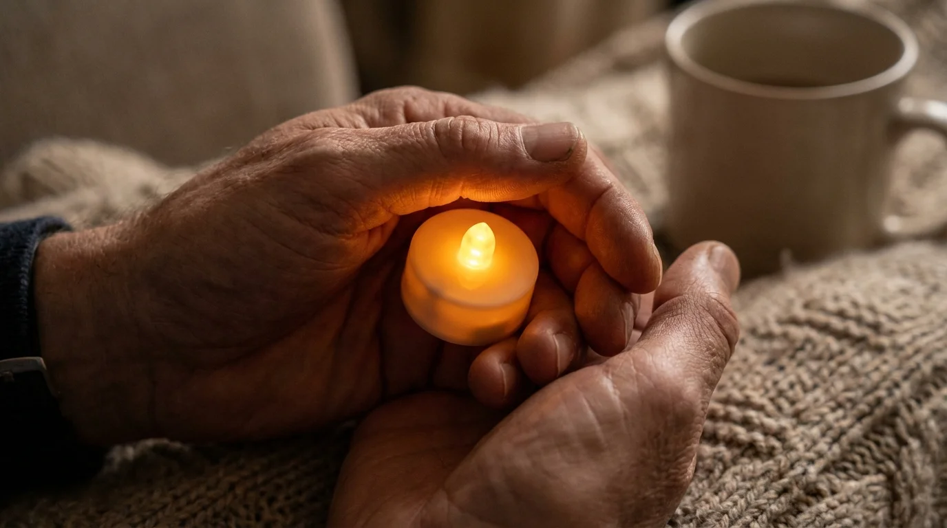 Hands gently holding a small, warm light, representing self-compassion.