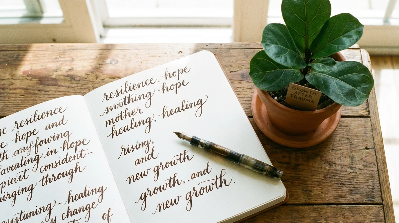 Open journal and pen next to a small growing plant, symbolizing narrative reframing.