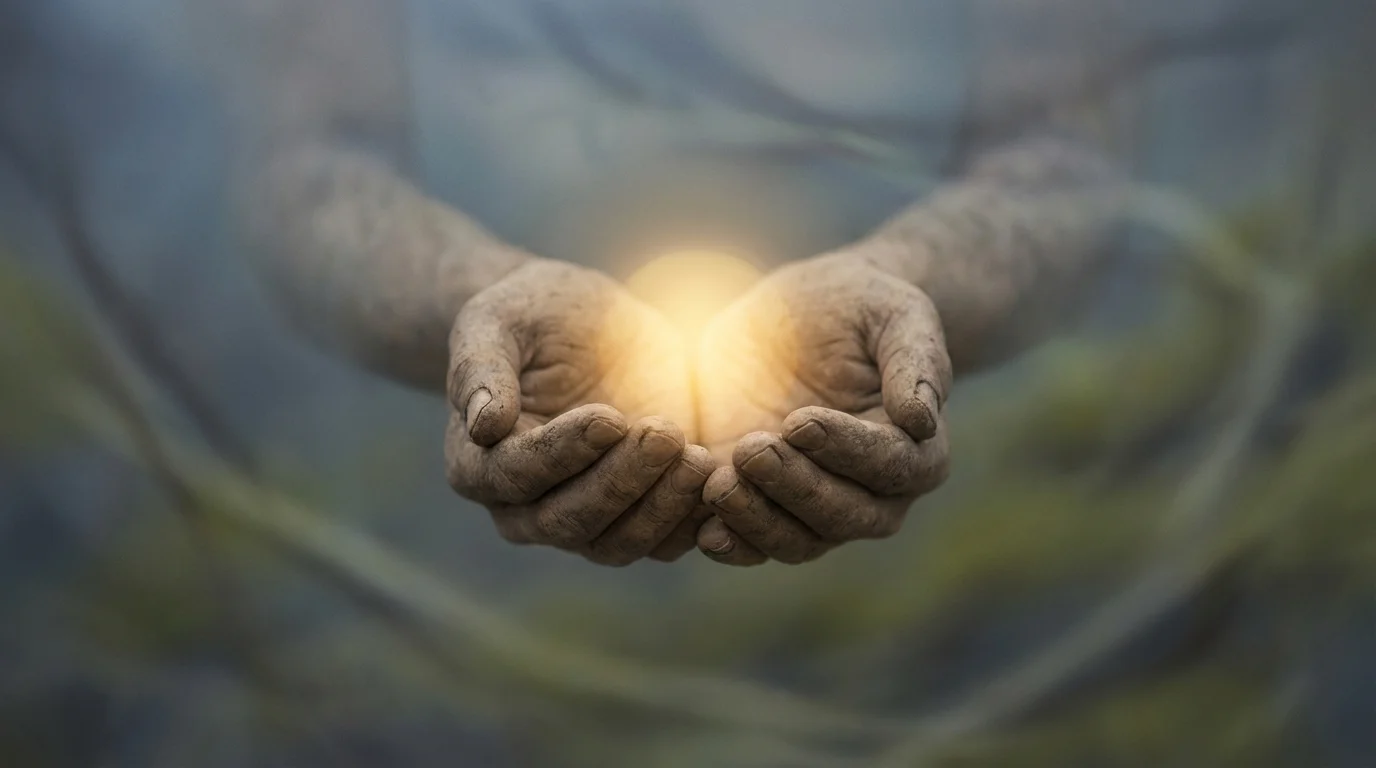 Two hands carefully cradling a small light, representing protecting vulnerability.