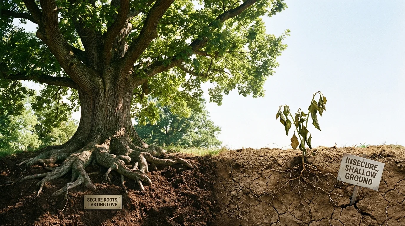 A strong, healthy tree growing from deep roots, symbolizing a thriving relationship foundation.