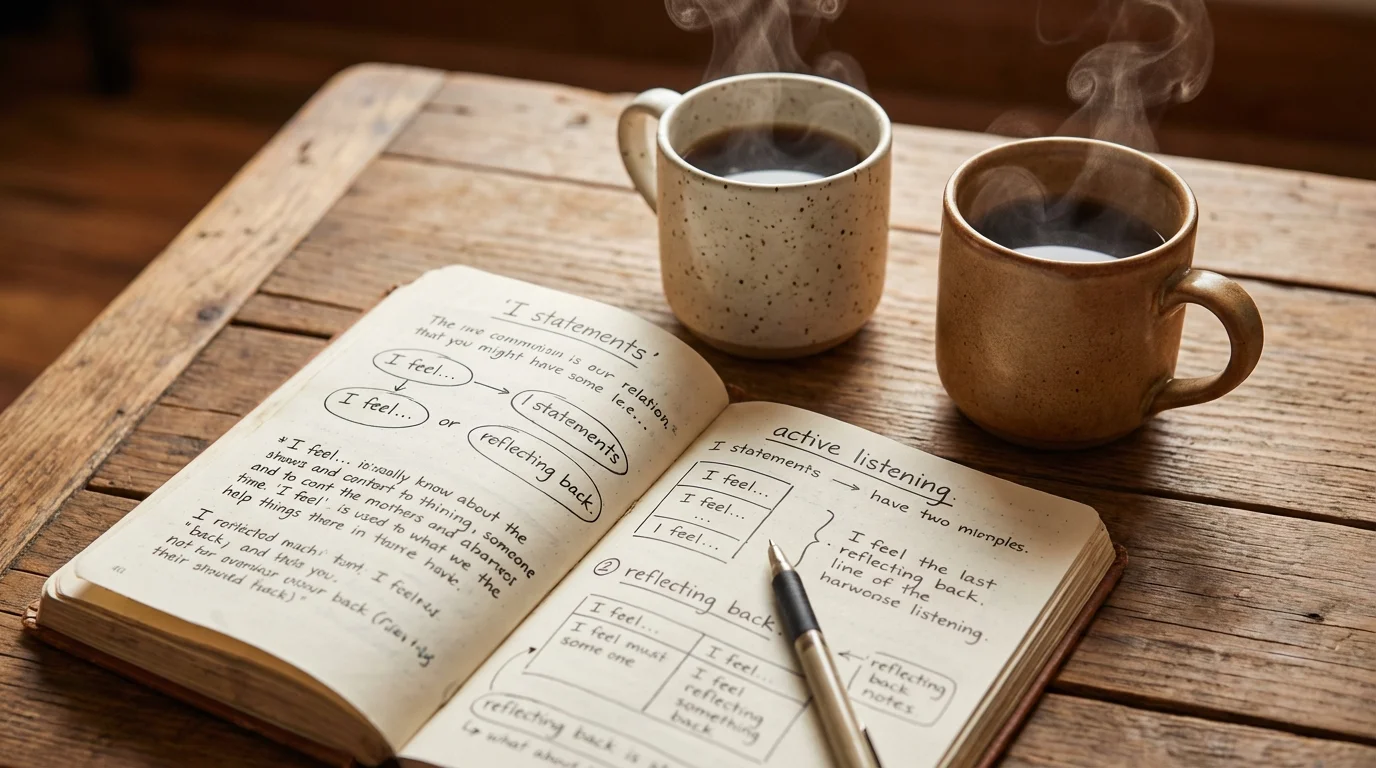 Overhead view of a notebook detailing communication strategies for building trust.