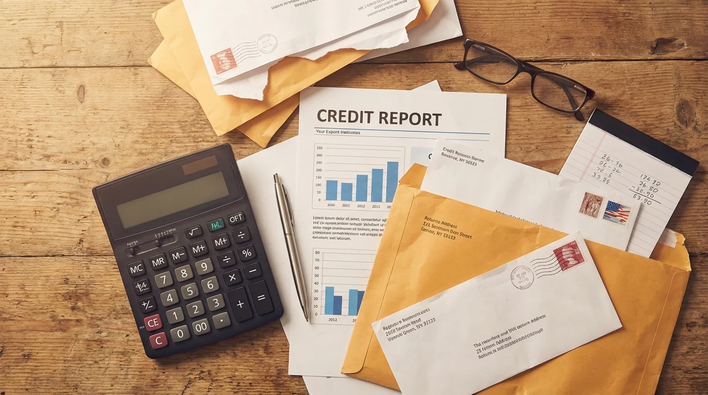 Flat lay of documents, calculator, and pen used for assessing personal finances.