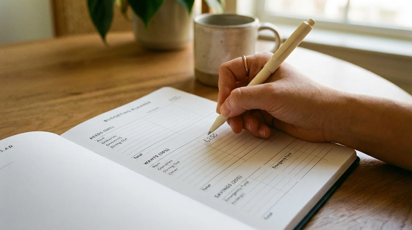 Hand writing figures into a budget planner to organize post-divorce finances.