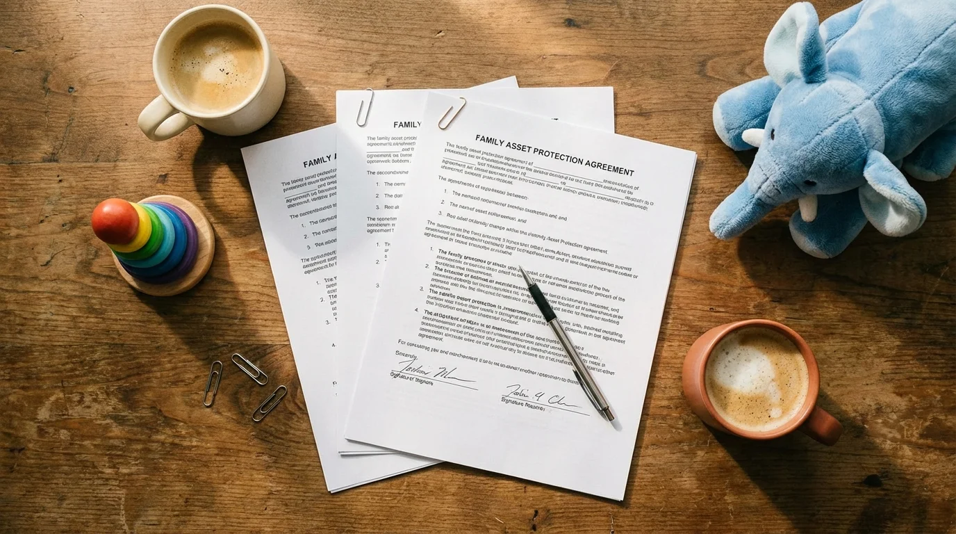 Overhead view of a finalized co-parenting document next to children's toys.