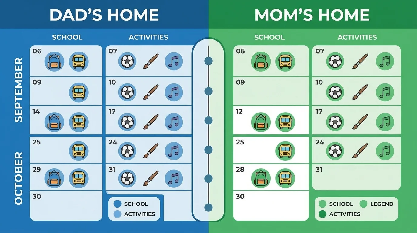 A divided monthly calendar illustrating a weekly custody schedule arrangement.