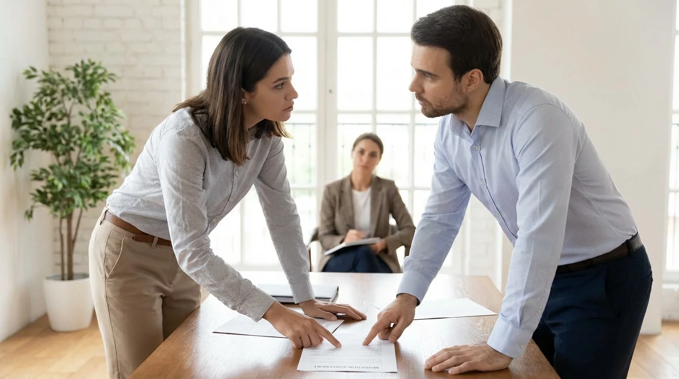 Two parents reviewing documents across a table during a constructive planning session.