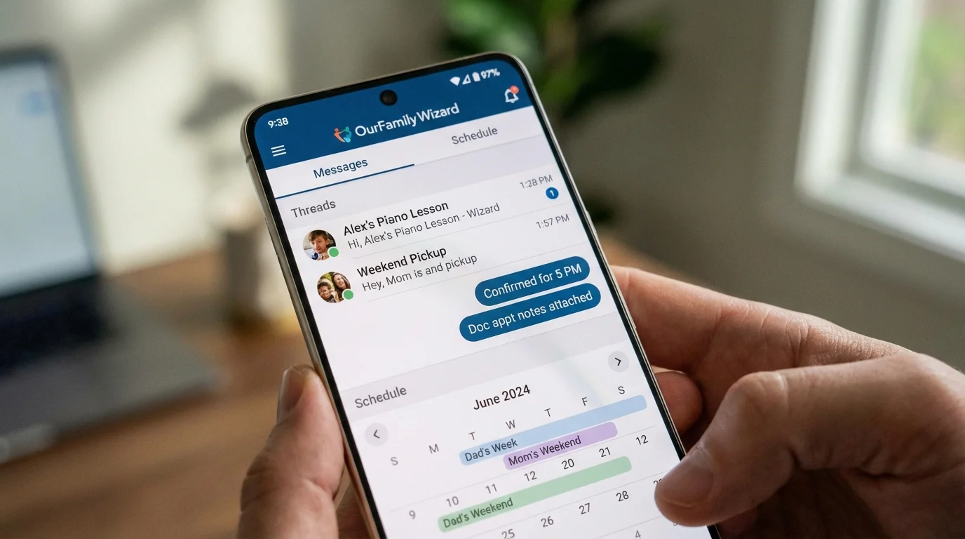 Close-up of a co-parenting app on a smartphone screen used for communication.