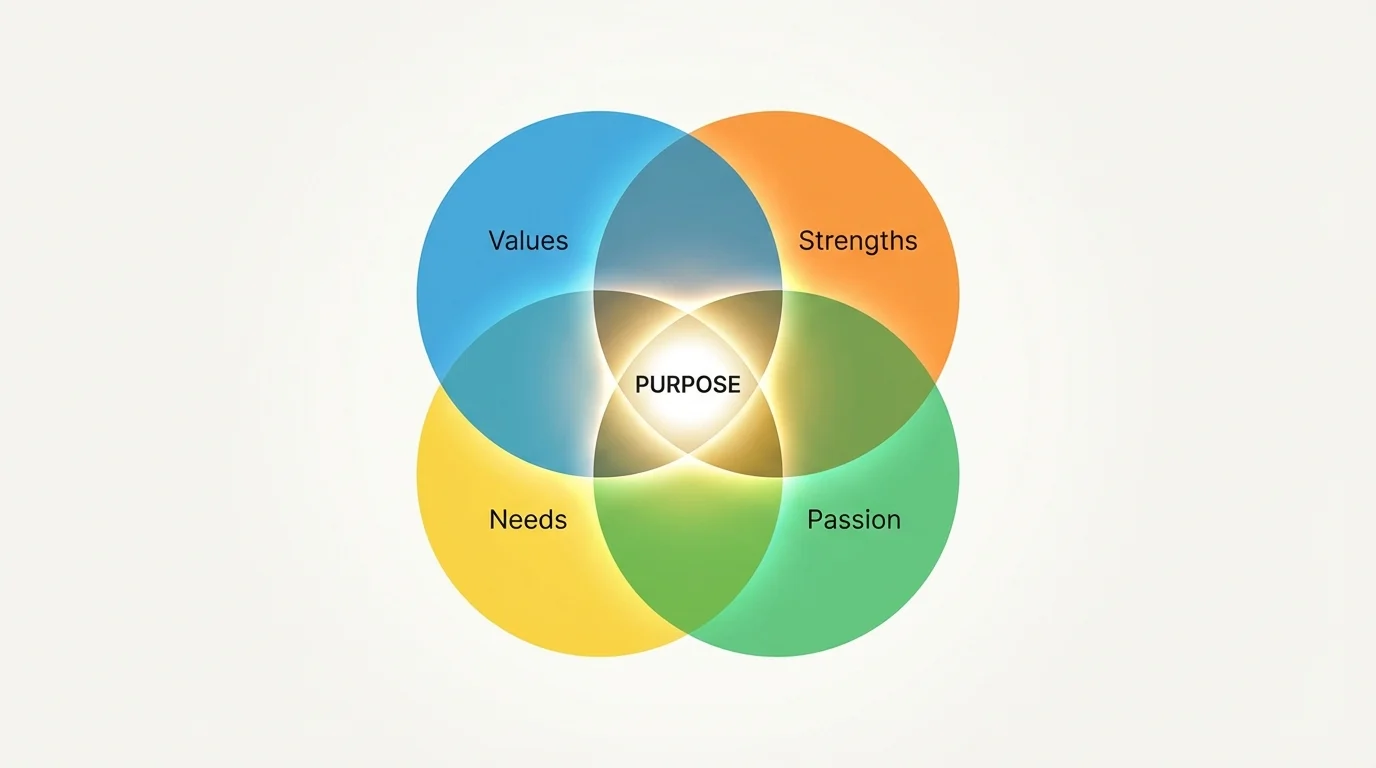 Four overlapping circles representing values, strengths, needs, and passion intersecting to form purpose.