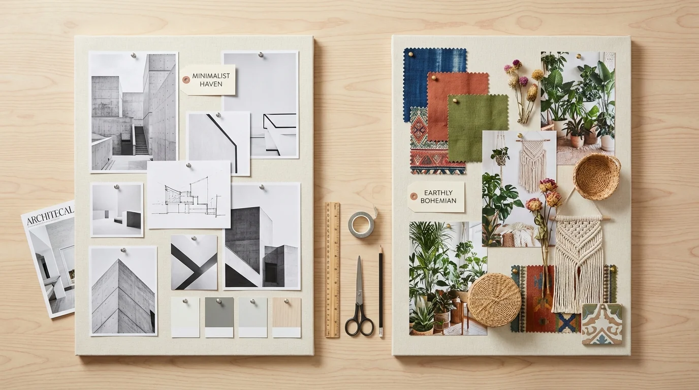 Two separate mood boards representing contrasting interior design styles side-by-side.