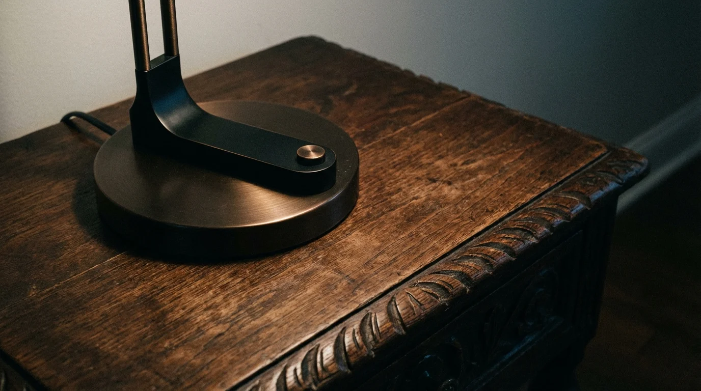 Close-up of a modern lamp balancing against a traditional wooden side table.