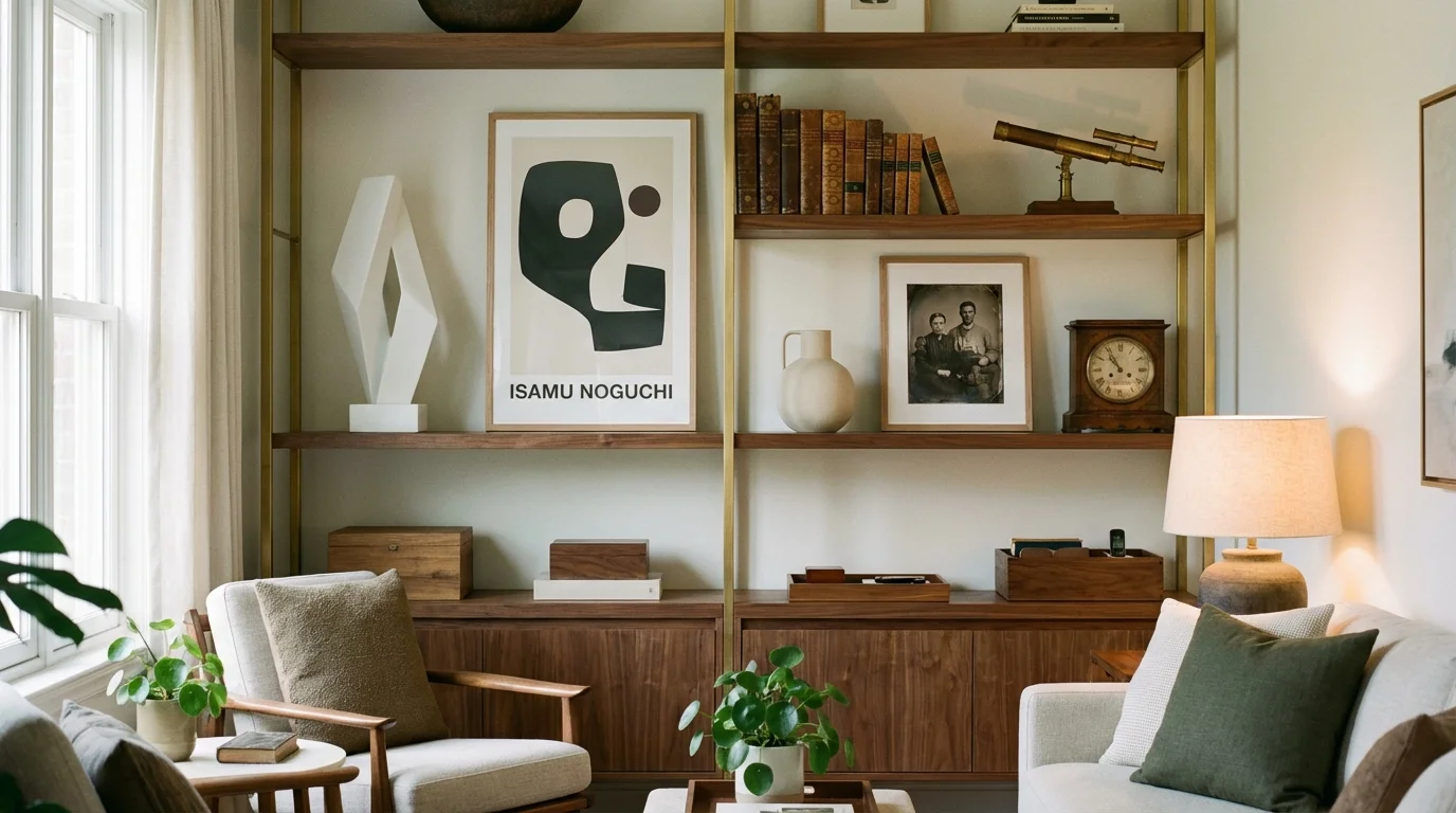 Display of sentimental and modern decor items grouped together harmoniously on shelves.