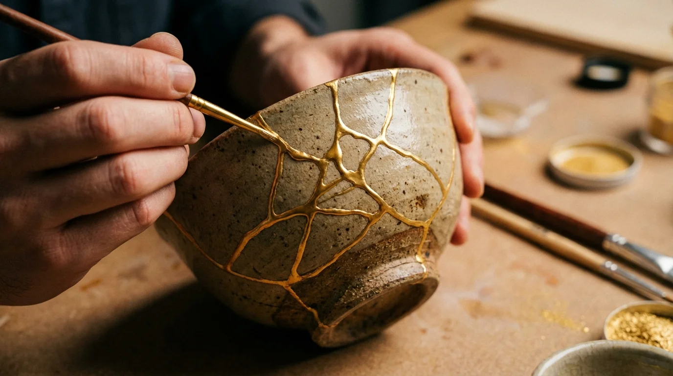 Kintsugi repair on a ceramic bowl showing gold filling cracks, symbolizing healing.