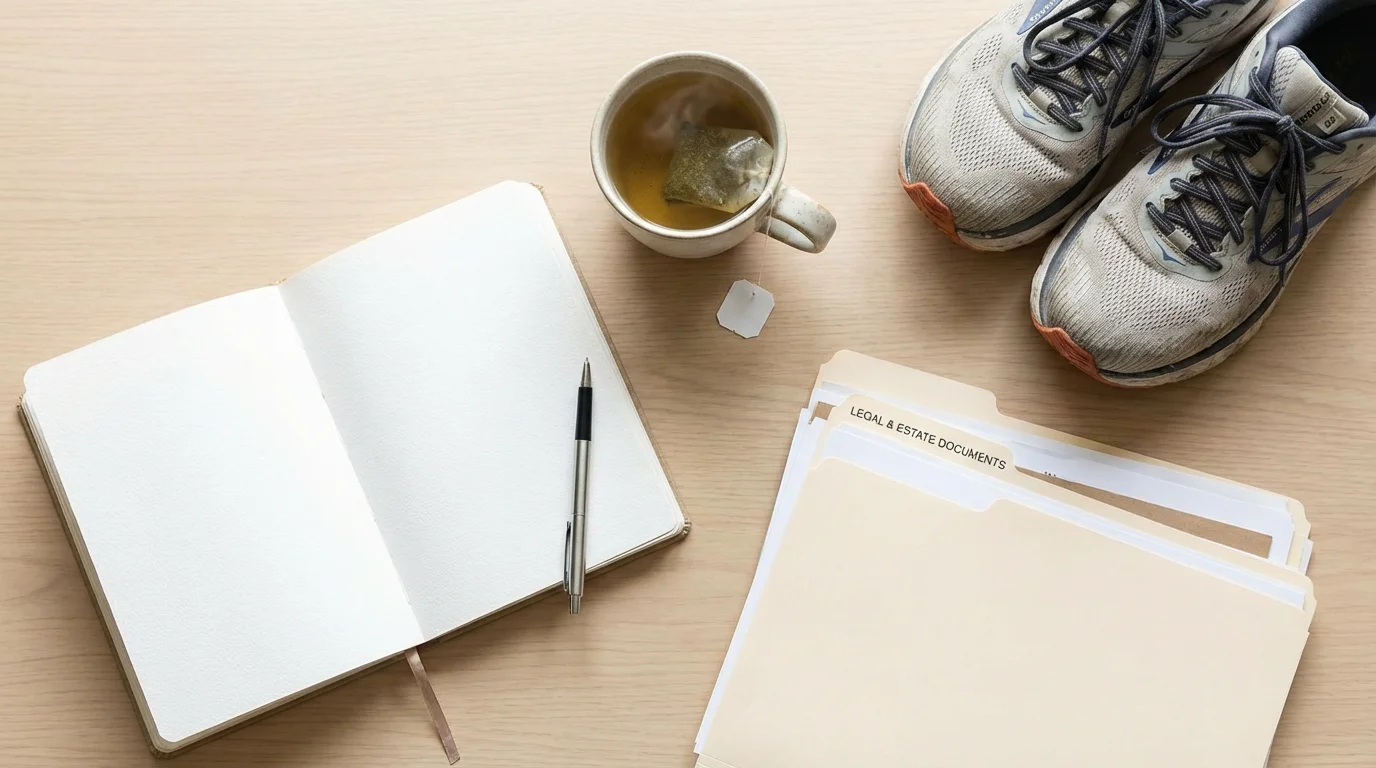 Flat lay of self-care items including a journal, tea, and running shoes for rebuilding routine.