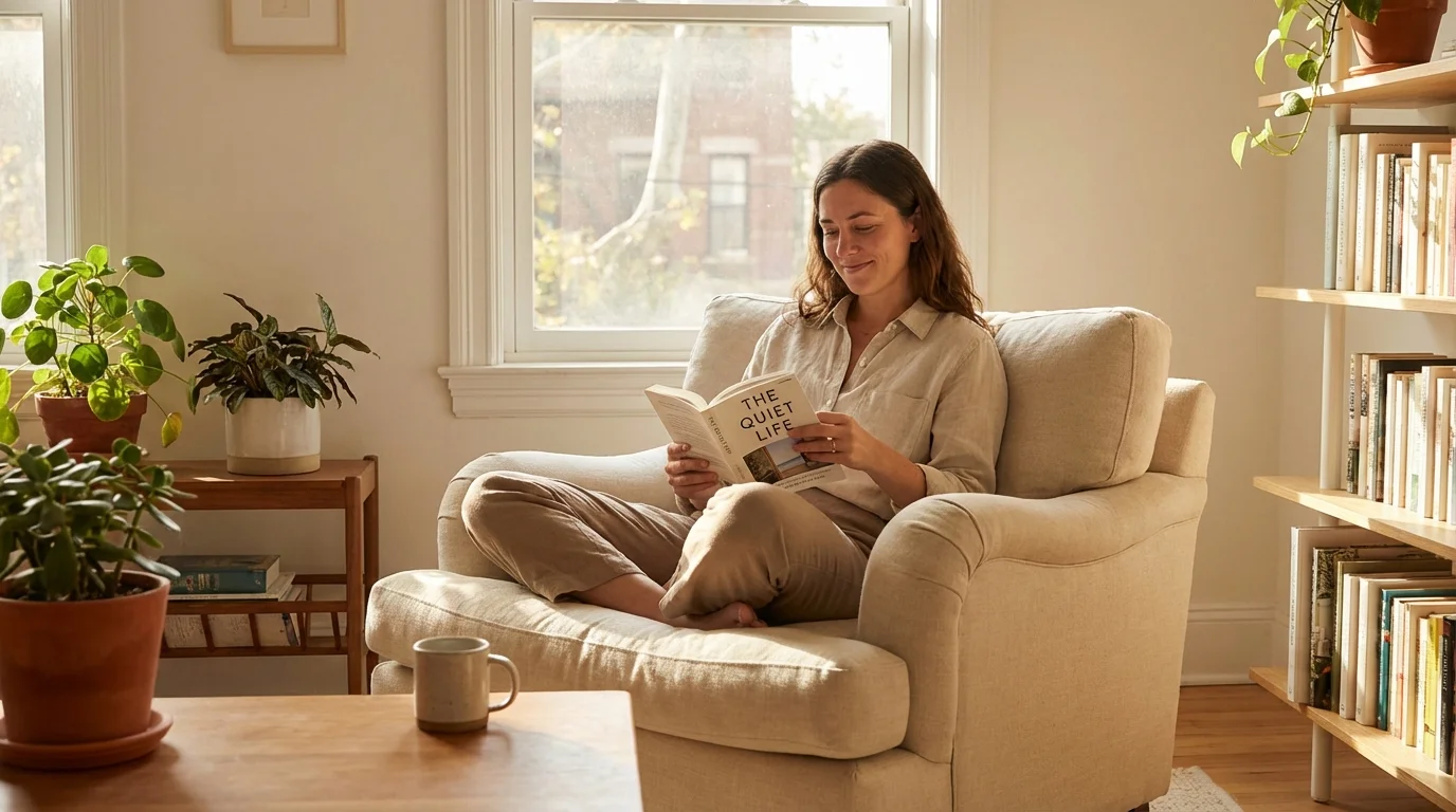 Content person enjoying quiet time alone in a sunlit room, indicating self-sufficiency.