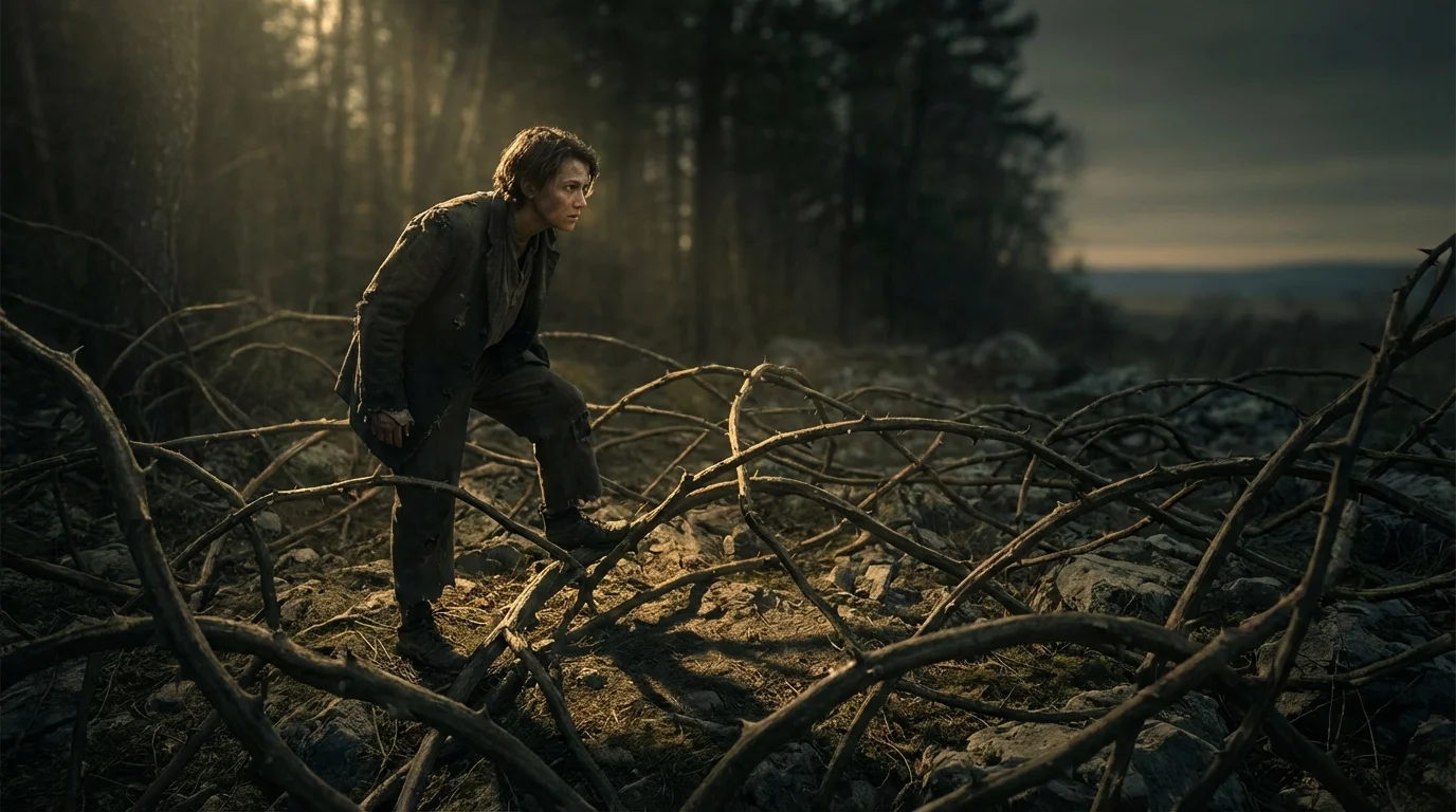 Figure carefully stepping over tangled vines, representing avoiding relationship pitfalls.