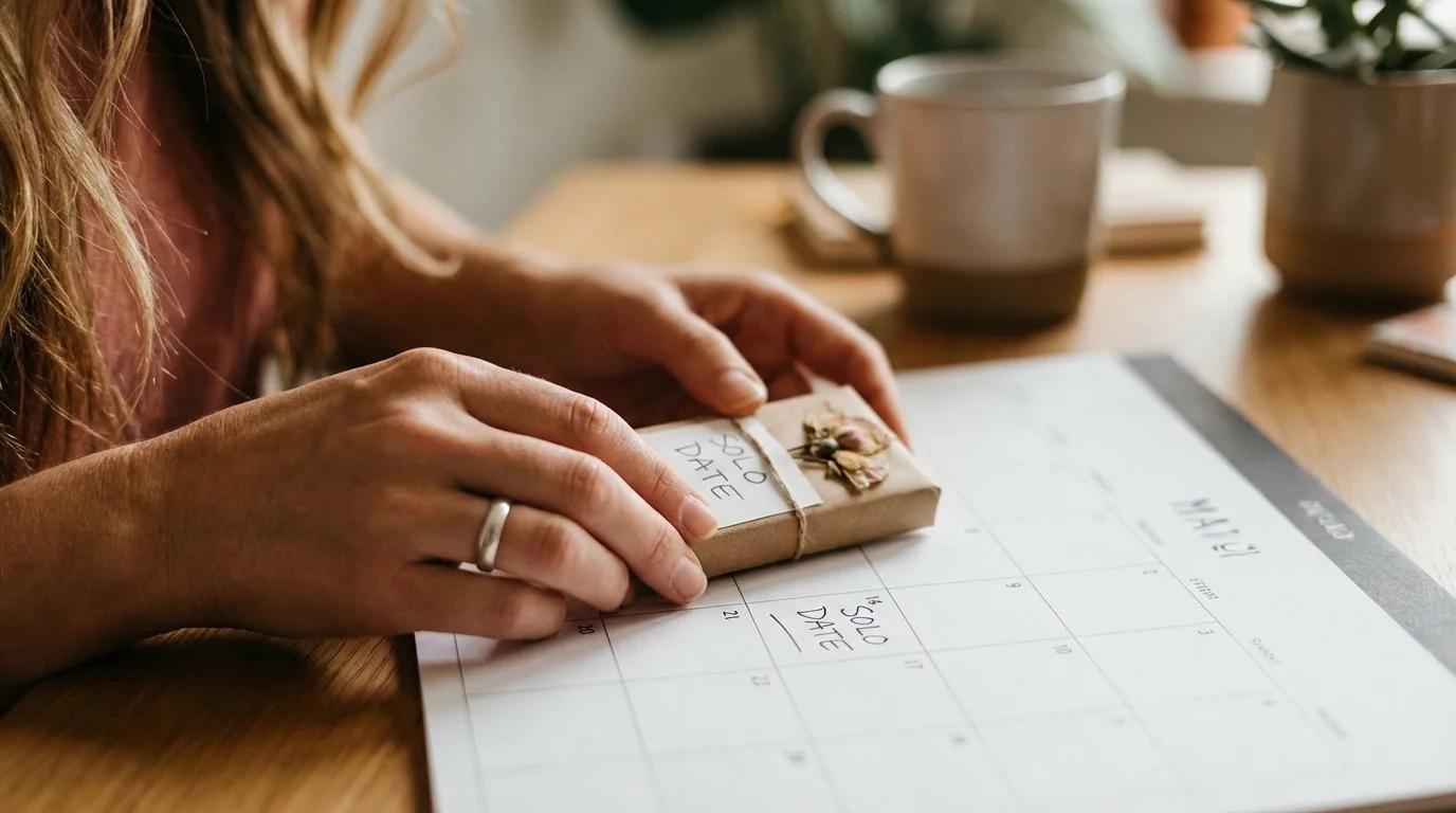 Scheduling personal time on a calendar for a solo date.