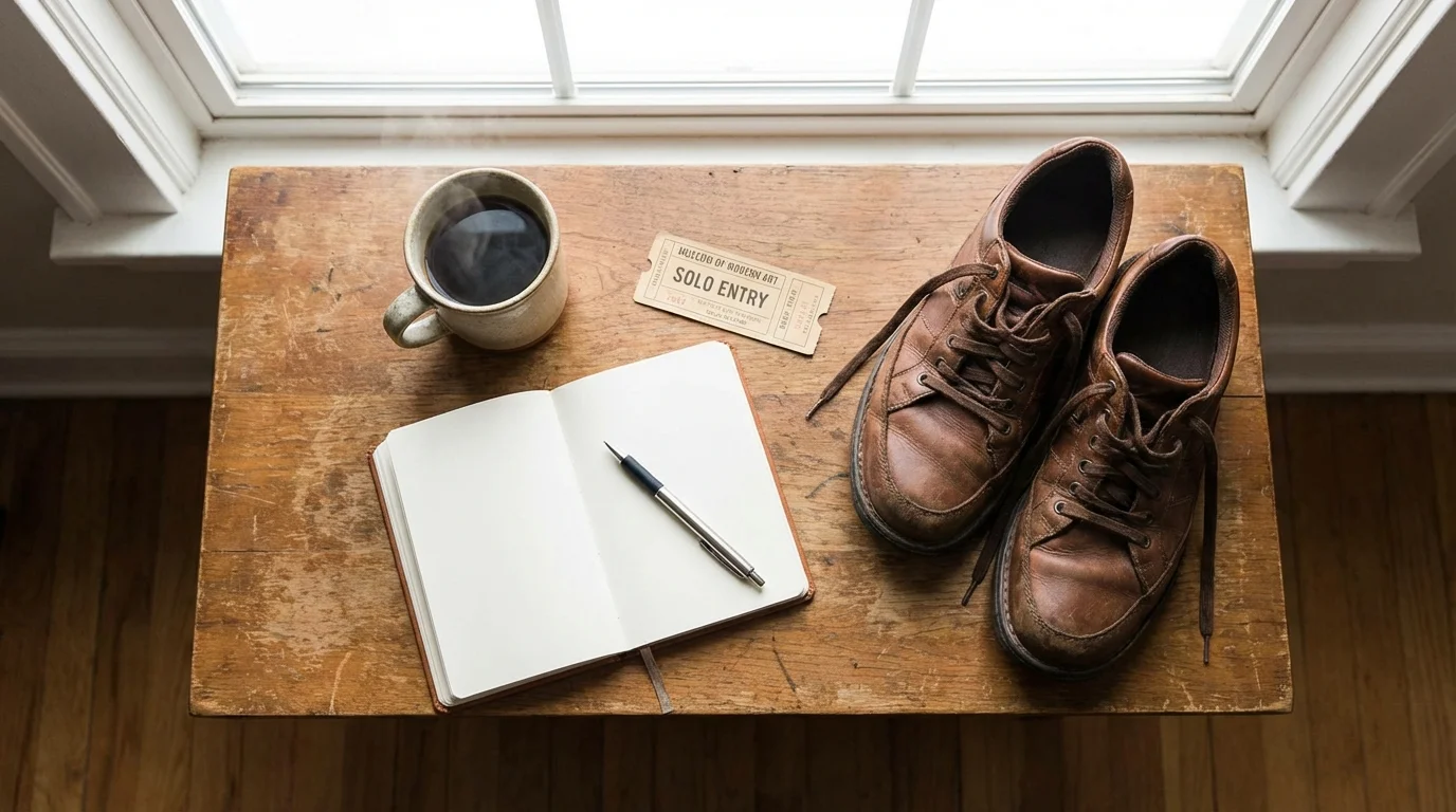 Flat lay of items representing different solo date activities like reading and visiting a museum.