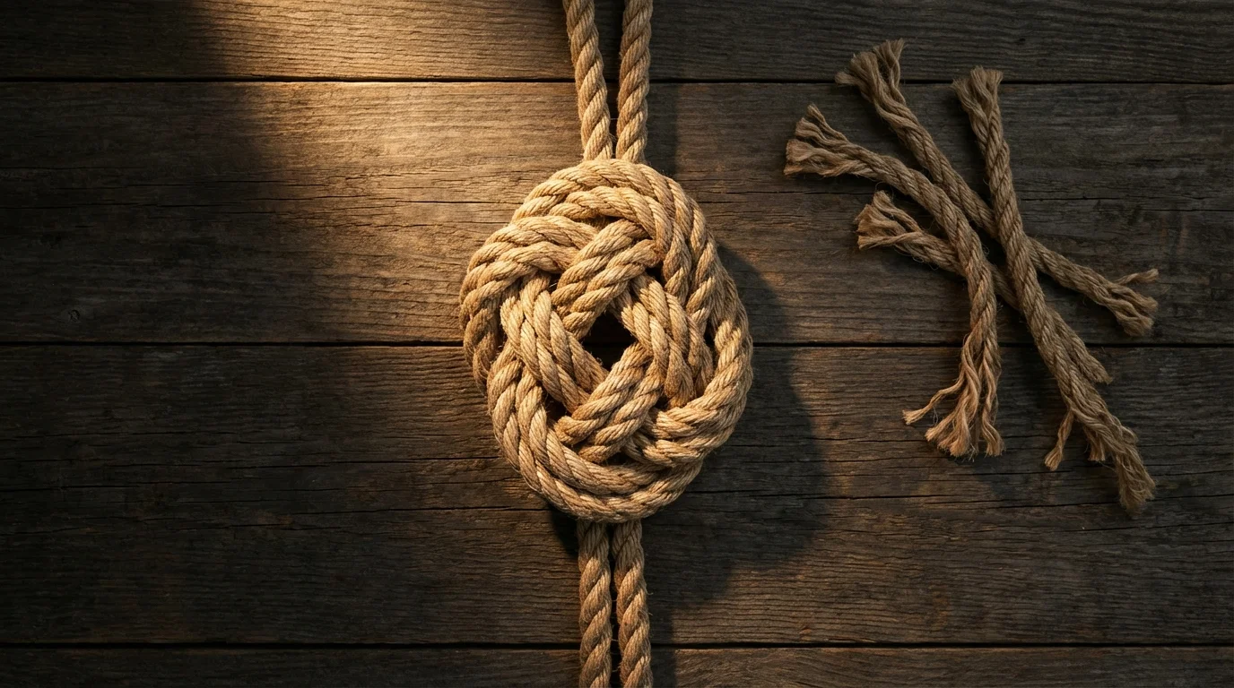 Overhead view of a strong, intact rope knot next to frayed, broken strands.