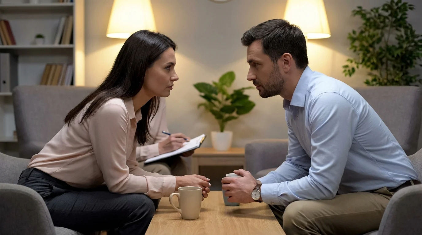 Couple talking to a therapist, showing the act of seeking professional support during relationship challenges.