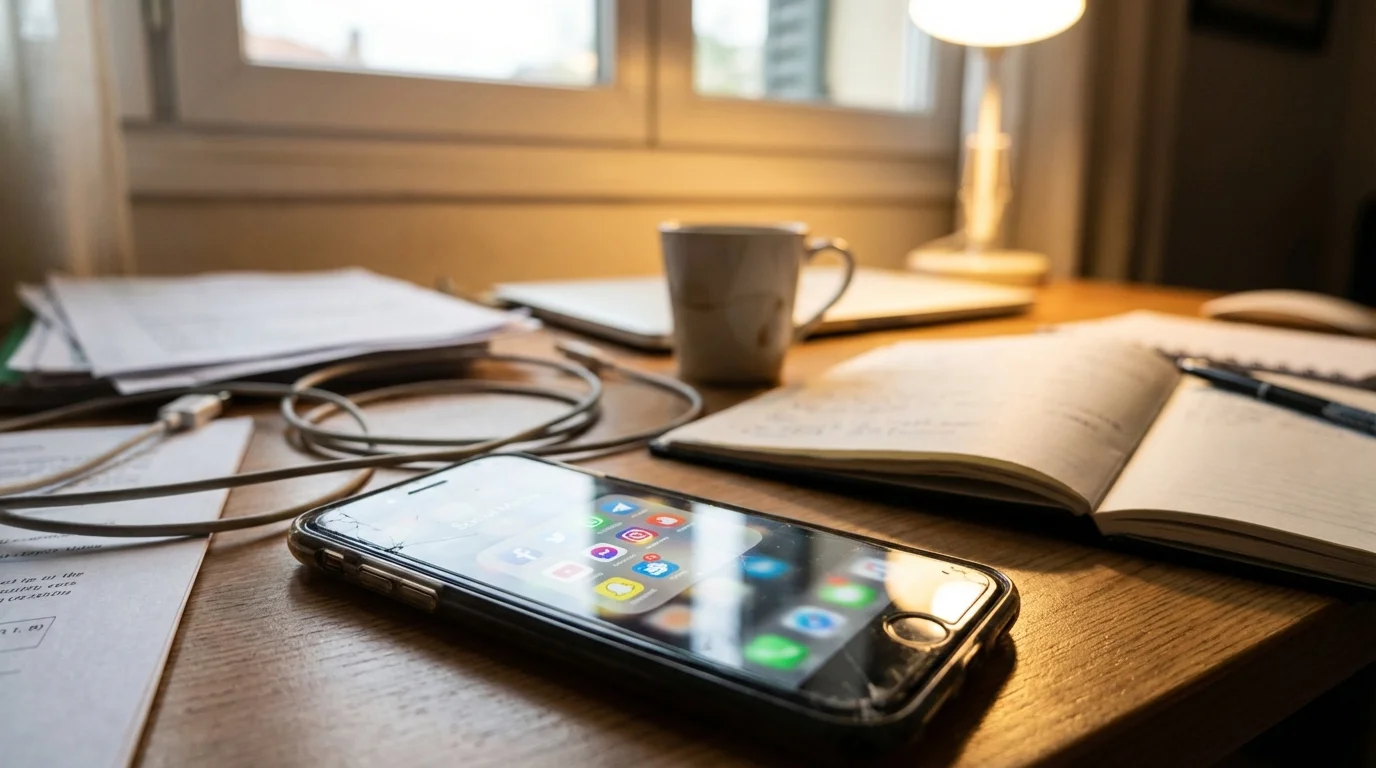 Desk cluttered with work and a phone screen showing overwhelming social media feeds.
