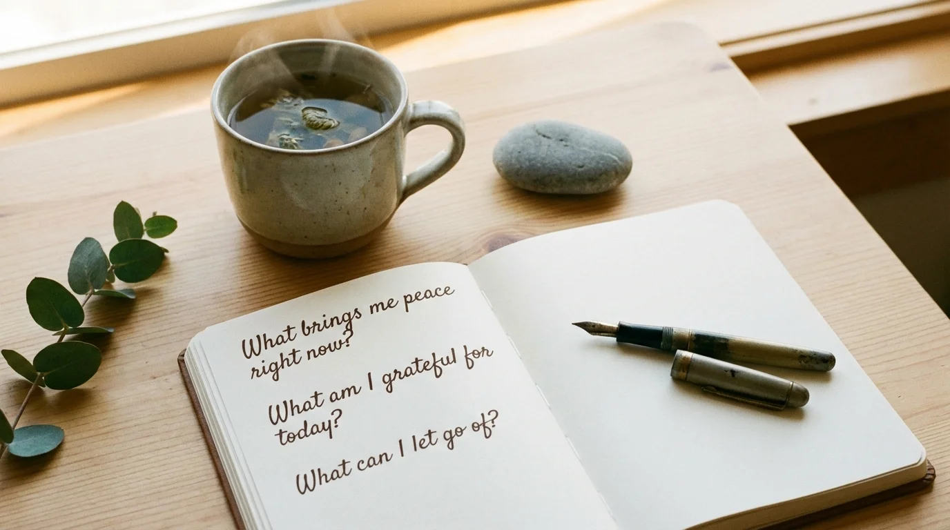 Overhead view of an open journal, a cup of tea, and a stone for quiet journaling and self-discovery.