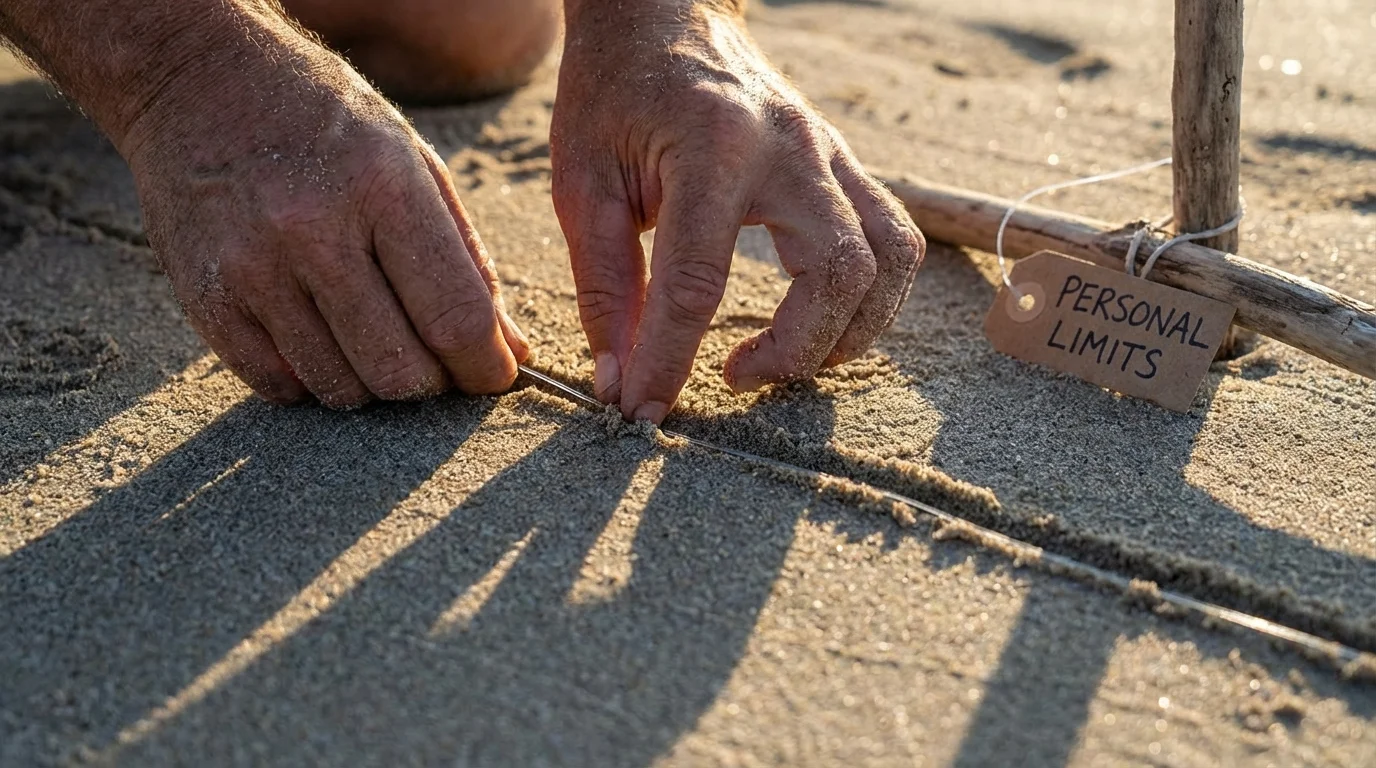 Hands drawing a clear boundary line in the sand, symbolizing setting personal limits and boundaries.