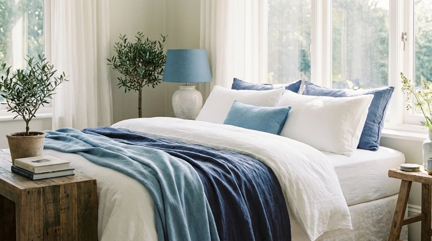 Serene bedroom with new white linens symbolizing a fresh, peaceful start.
