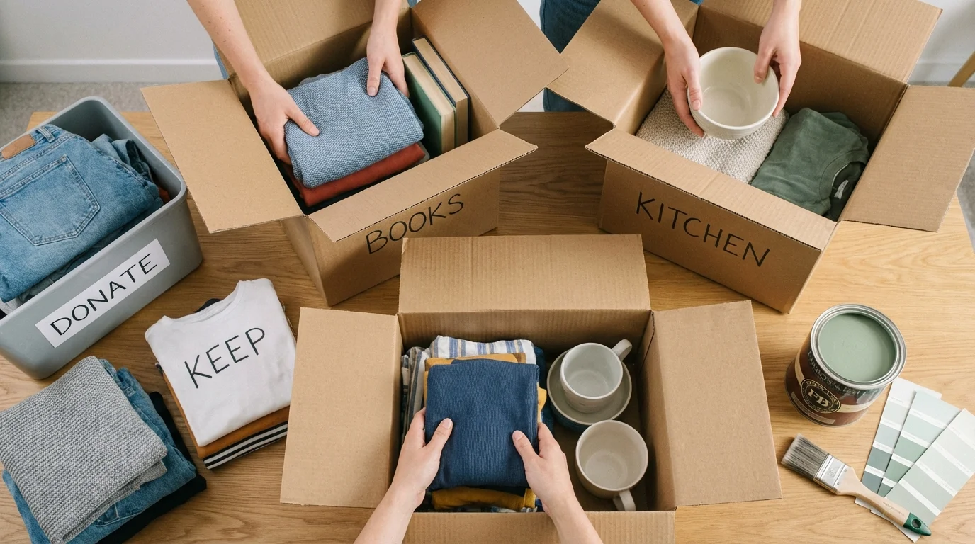 Flat lay of sorting personal belongings and a can of fresh paint for redecorating.