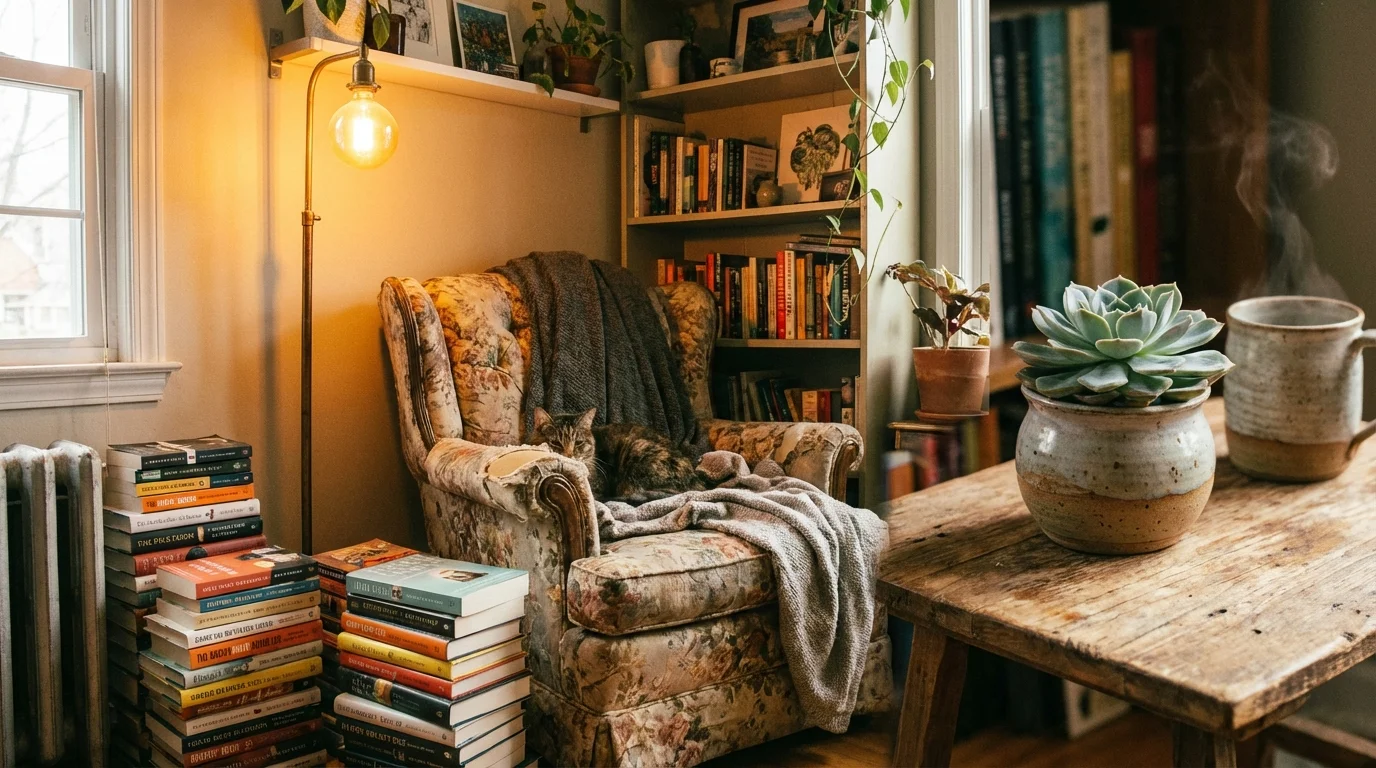 Cozy reading nook with an armchair and personal collection of books, reflecting individual style.