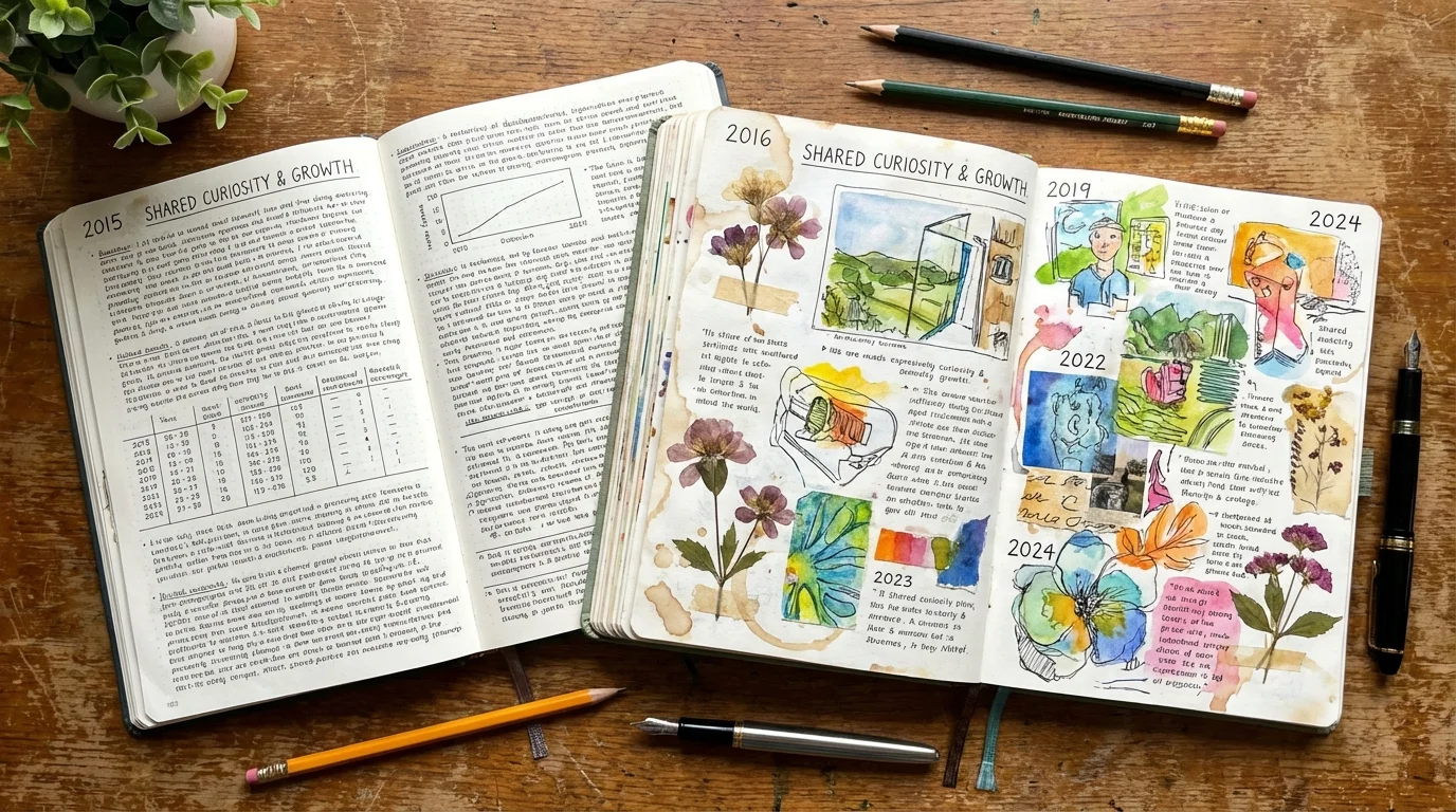 Overhead view of two journals showing ongoing shared experiences and personal growth.