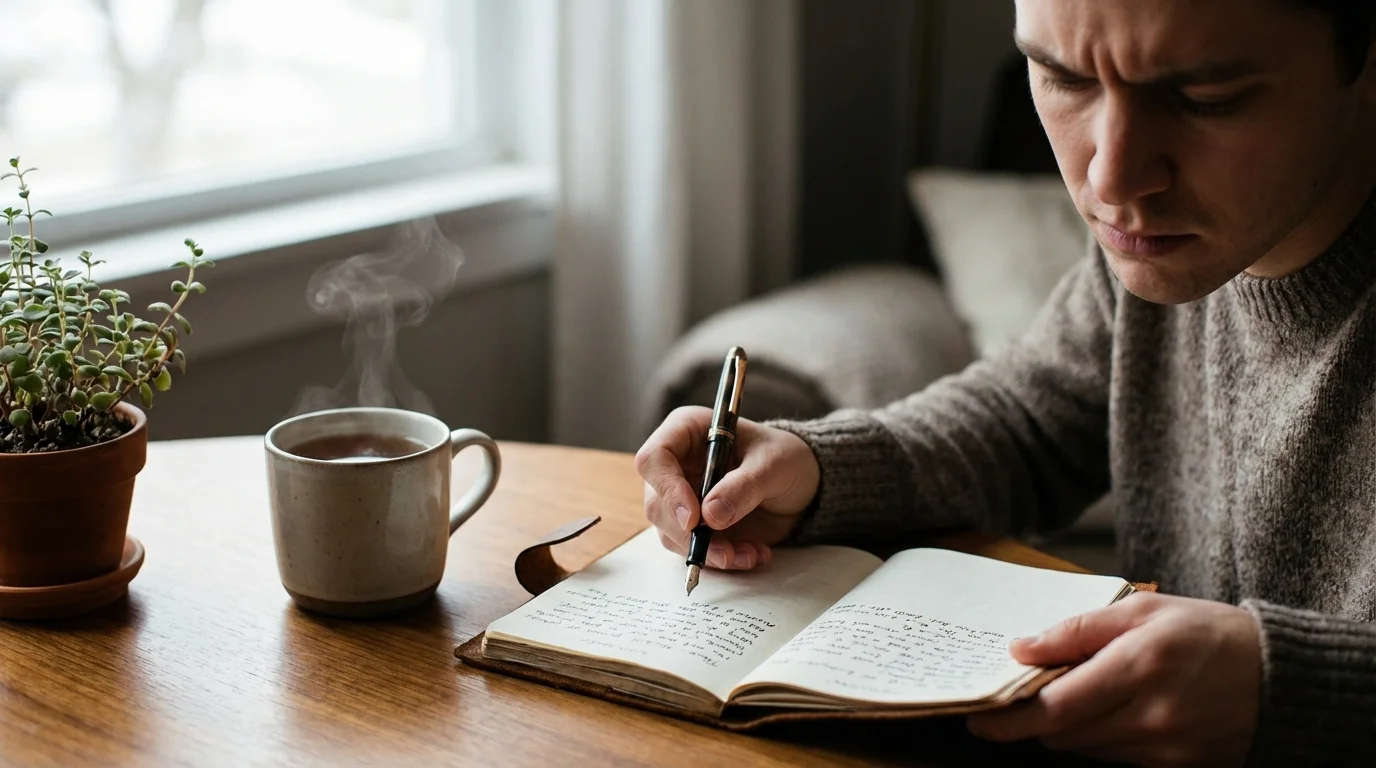 Person reflecting deeply while writing in a journal to assess emotional readiness.