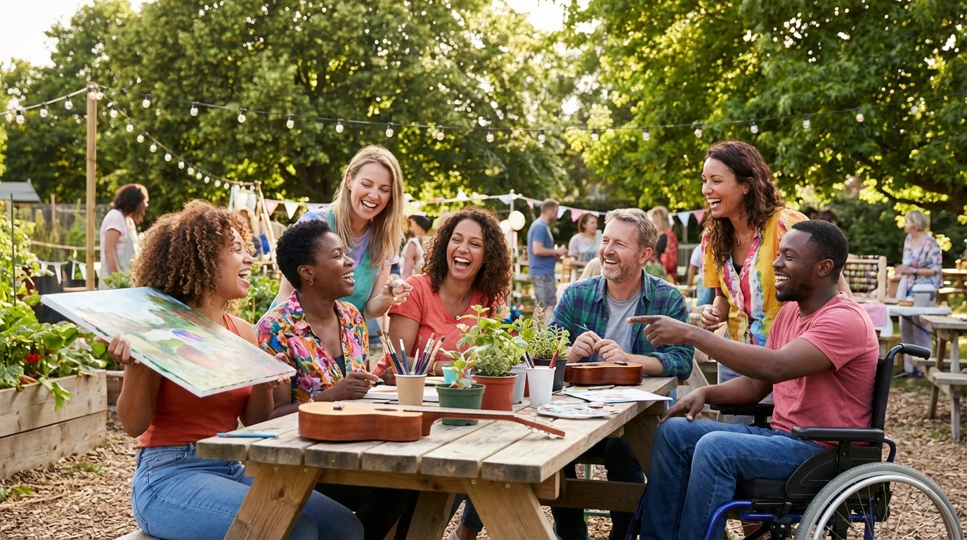 A group of friends enjoying a fun, social activity together, rebuilding confidence.