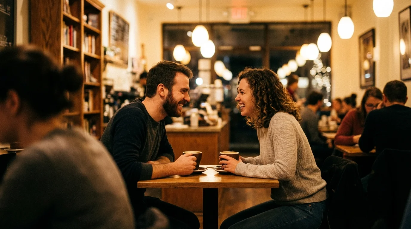 Two adults having a pleasant, low-pressure first date over coffee.