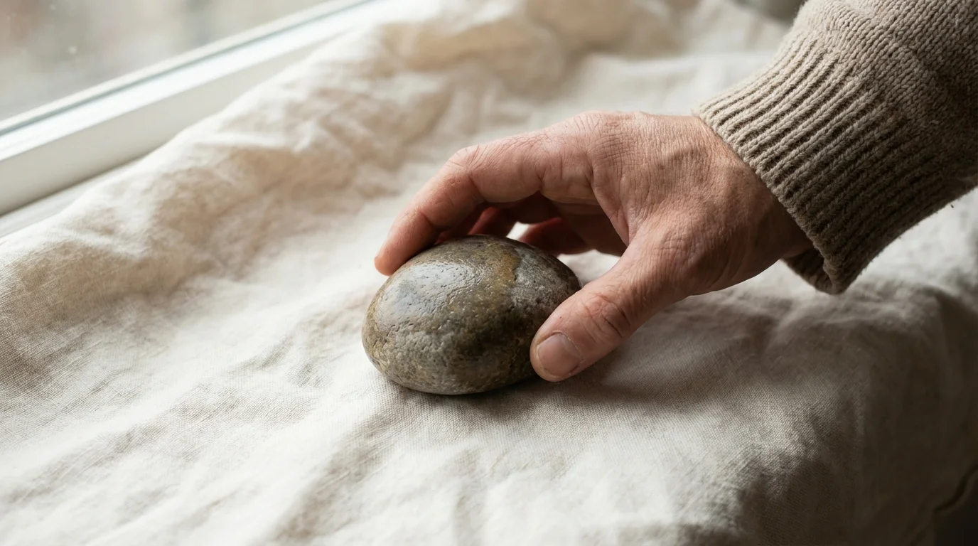 Hand gently holding a smooth stone, representing the validation of pain and the first step of self-compassion in healing.