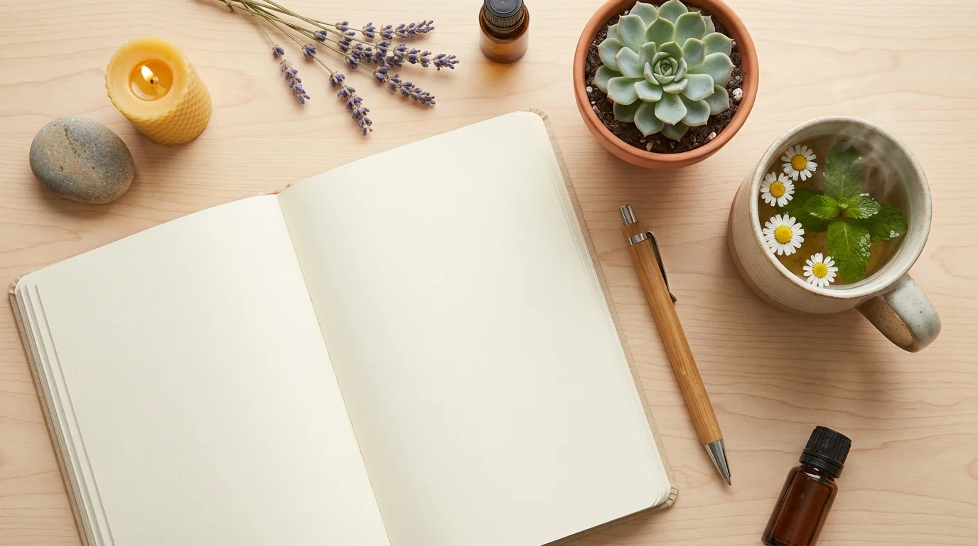 Overhead view of a journal, pen, tea, and succulent, illustrating essential self-care and reflective practices for healing.