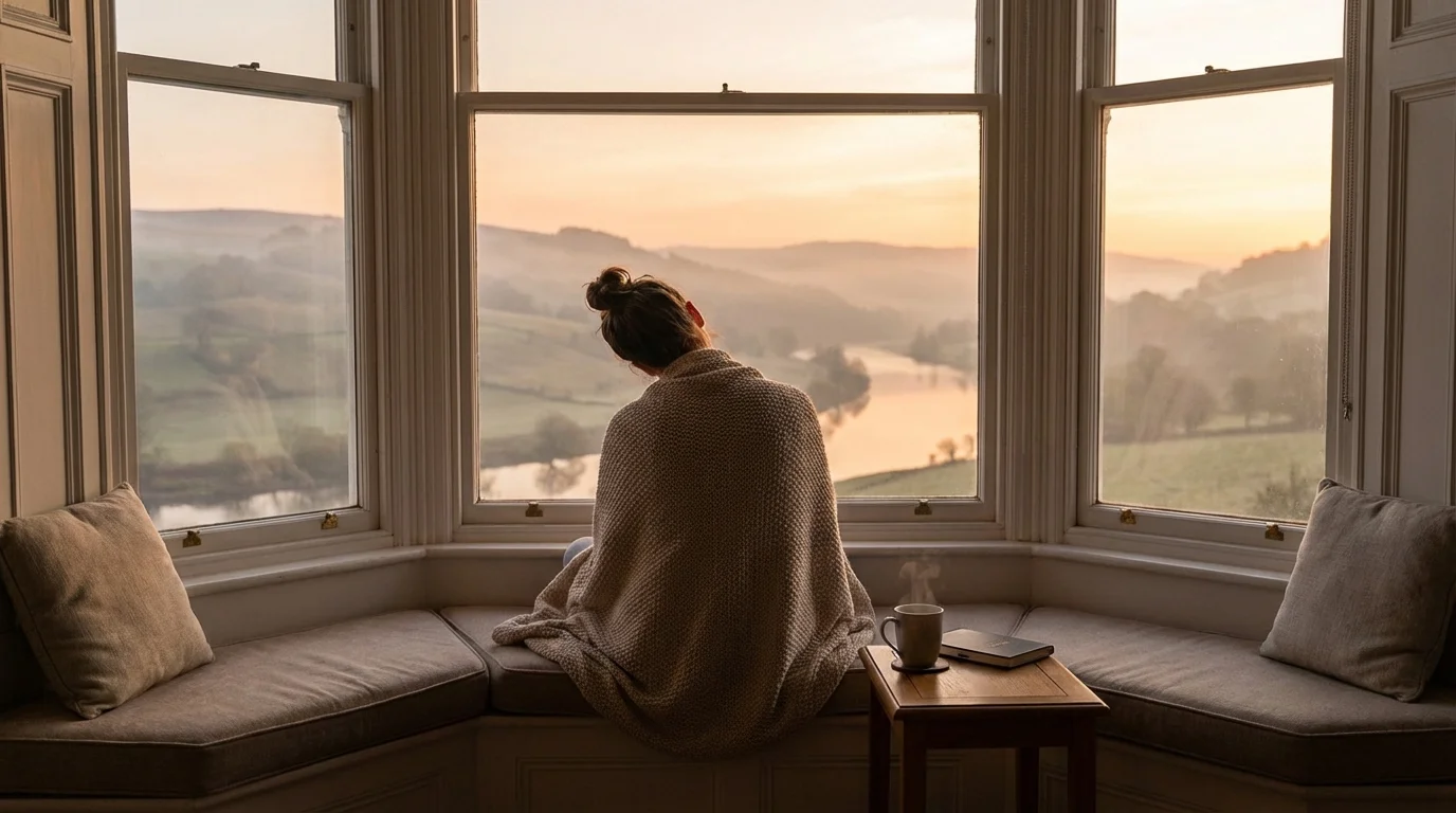 Person practicing mindful breathing by a window during sunrise, symbolizing sustained self-care and rebuilding inner resilience.