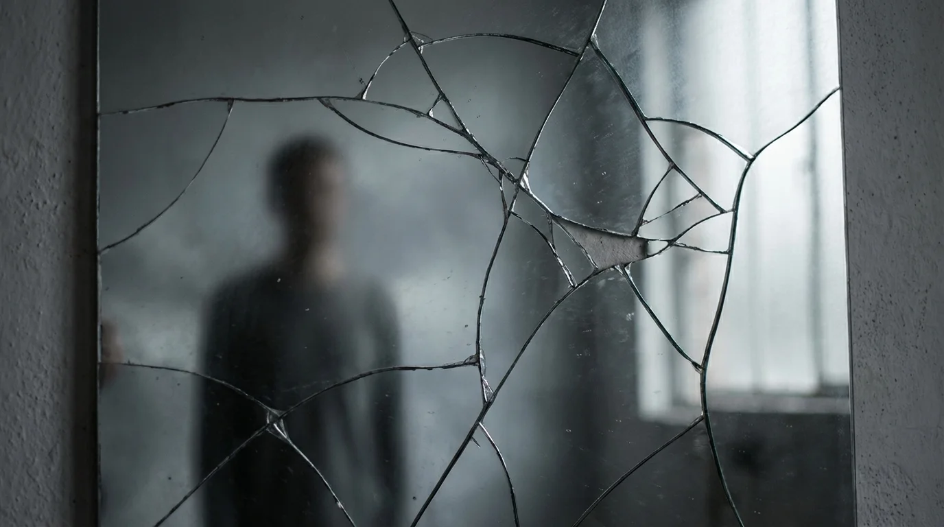 Abstract image of a fractured reflection symbolizing identity confusion after divorce.