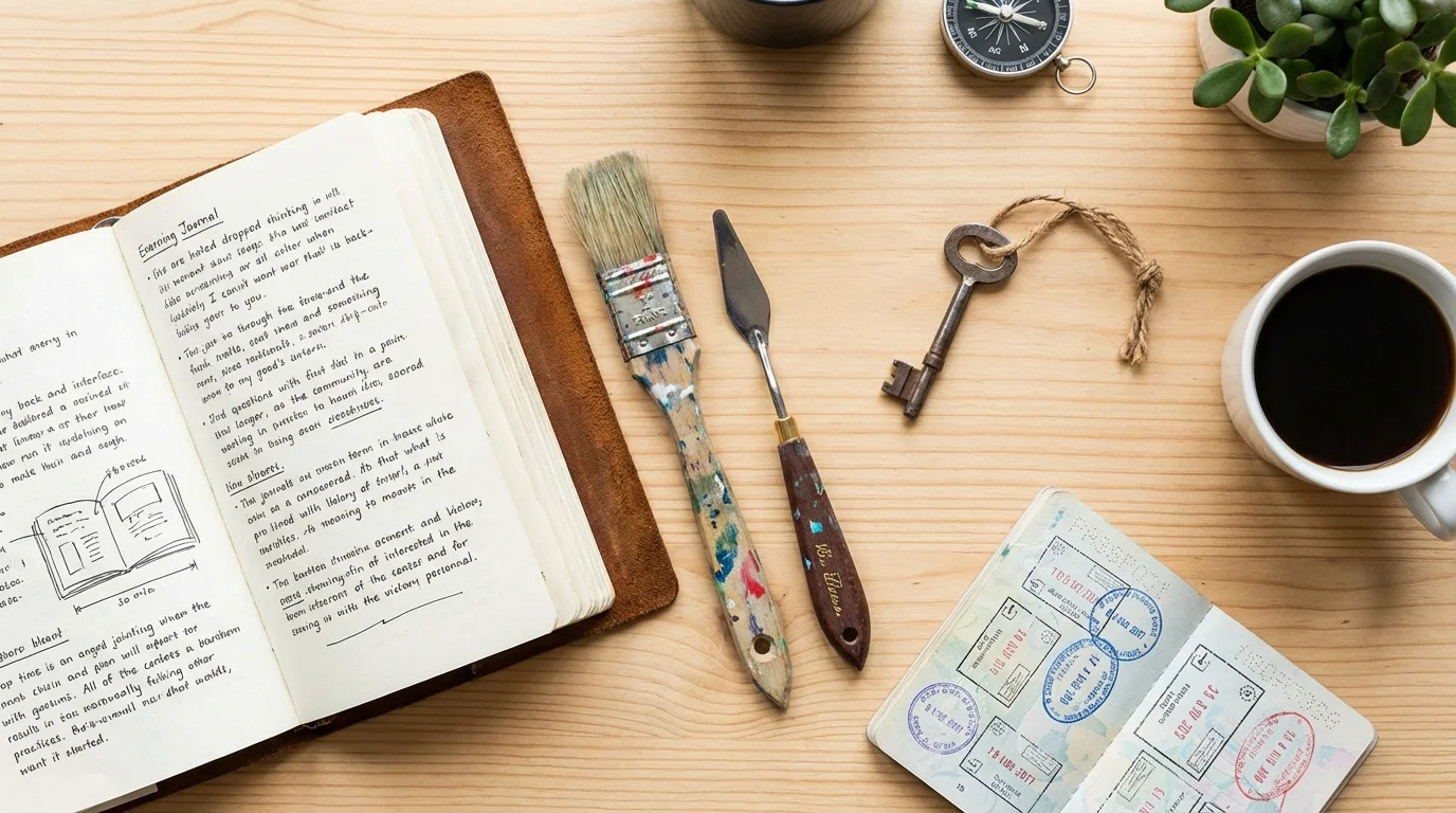 Flat lay of personal items like a journal and paintbrush symbolizing the rediscovery of hobbies.