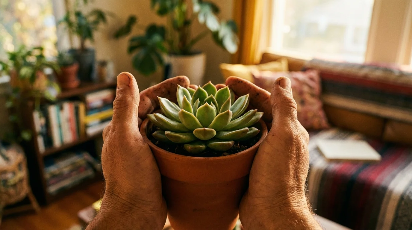 Two hands carefully holding a small succulent plant symbolizing self-nurturing and new connections.