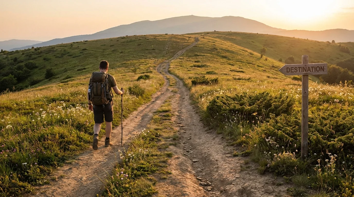 Person walking steadily up a sunlit path representing long-term growth and future goals.