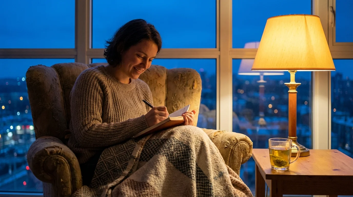 Person writing in a journal during a peaceful evening self-care routine.
