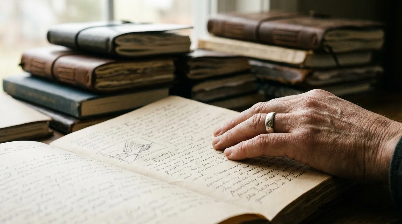 Hand resting on a journal page, symbolizing ongoing emotional self-reflection.