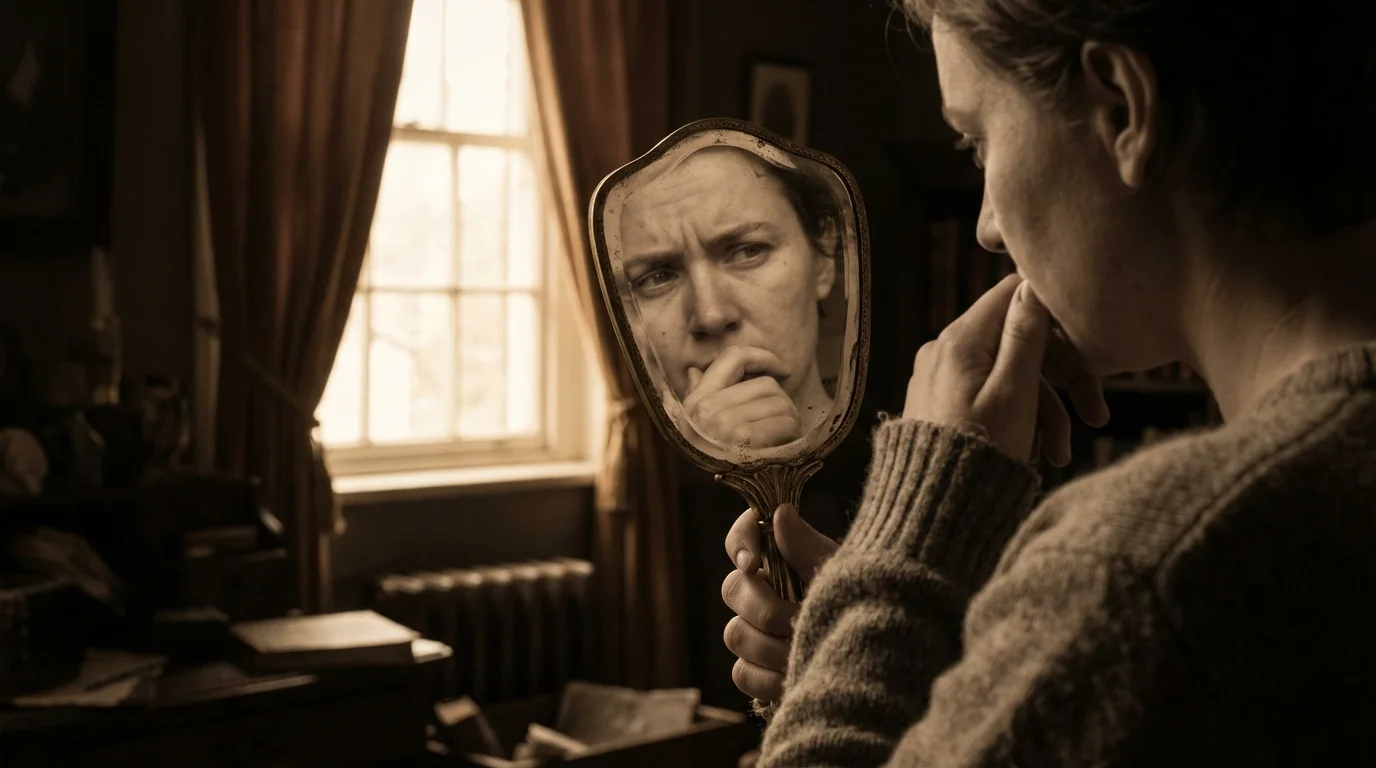 Person looking introspectively into an antique mirror, symbolizing self-reflection.
