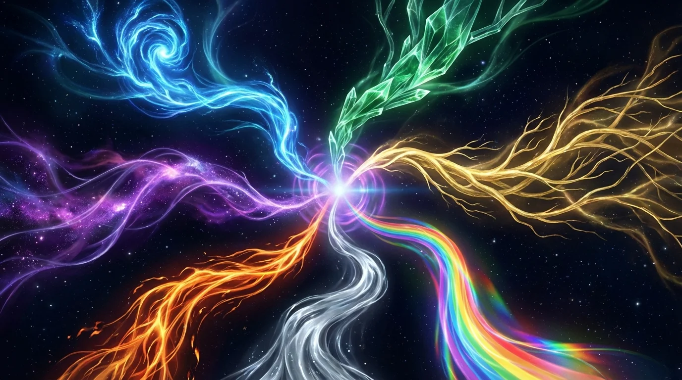 Abstract visualization of seven interconnected pathways representing dimensions of self-discovery.