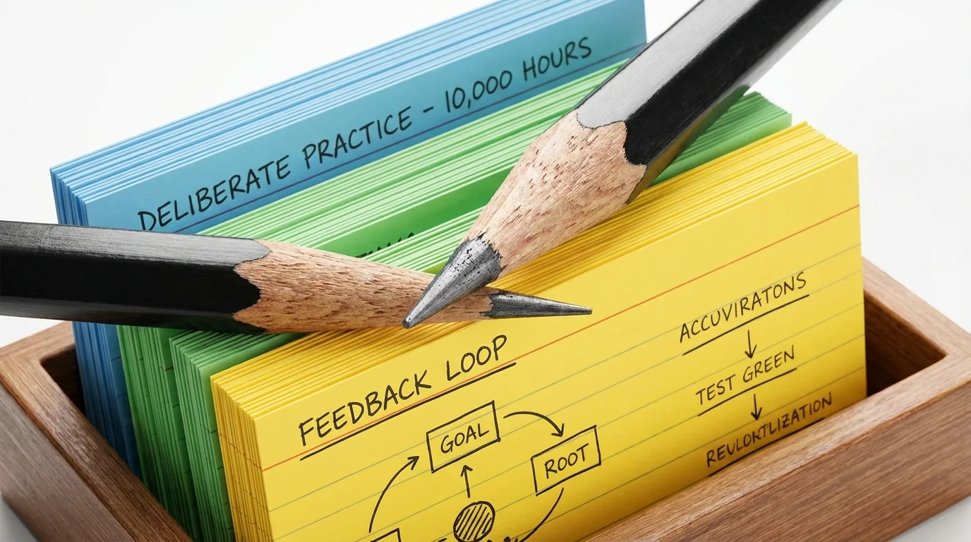 Sharpened pencil next to organized index cards, symbolizing refined journaling practice.
