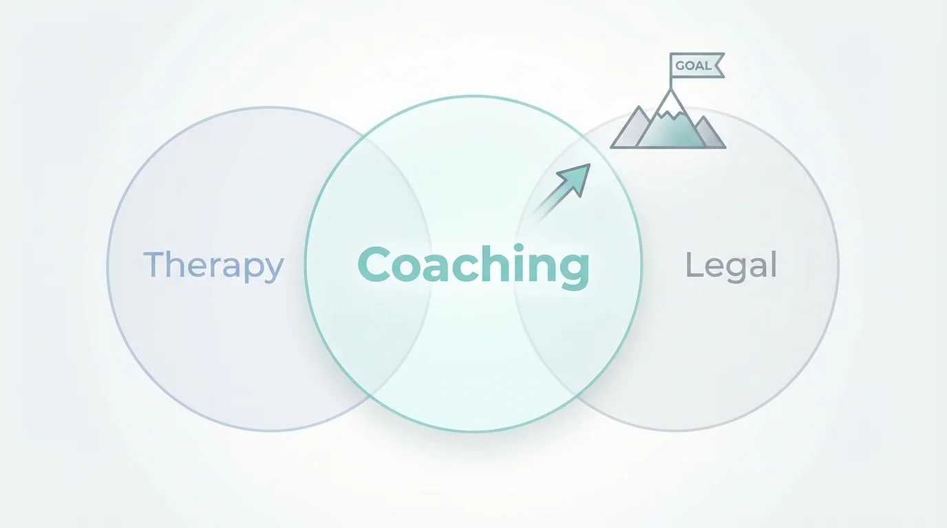 Diagram illustrating the distinct roles of a life coach, therapist, and lawyer during divorce.