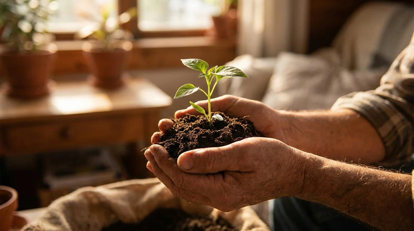 Hands nurturing a small plant, symbolizing rebuilding identity and growth after divorce.